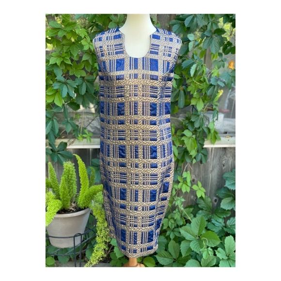 Vintage 50s Gold Metallic Brocade MIDI Dress Formal Cleopatra - Picture 1 of 10